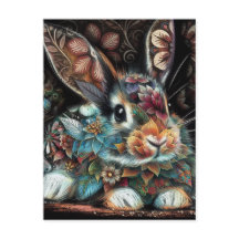 Whimsical Bunny Rabbit Floral Resumen Verde azulad