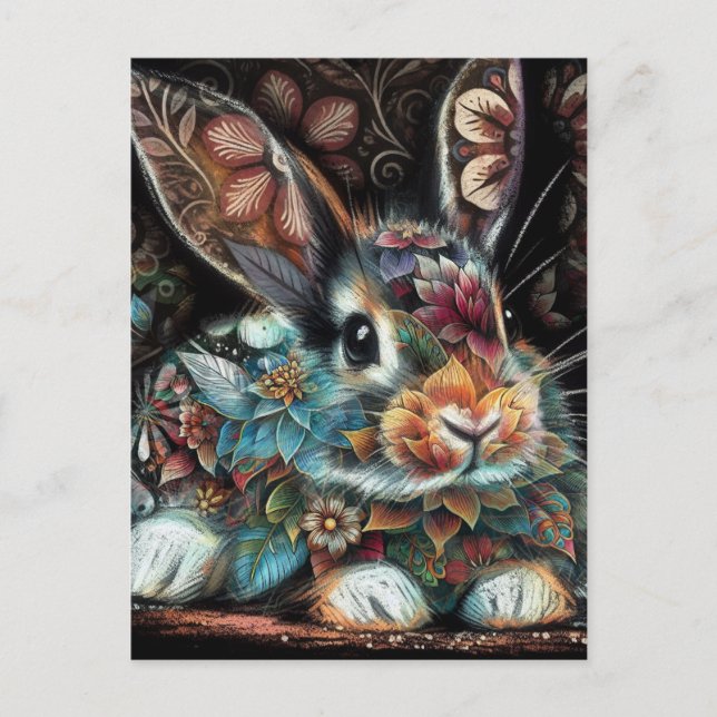 Postal Whimsical Bunny Rabbit Floral Resumen Verde azulad (Anverso)