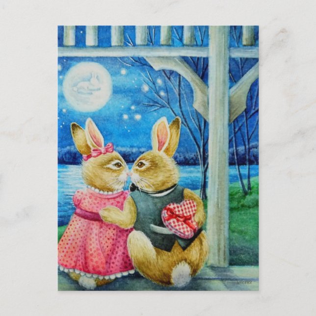 Postal Whimsical Bunny Rabbit Valentines Watercolor Art (Anverso)