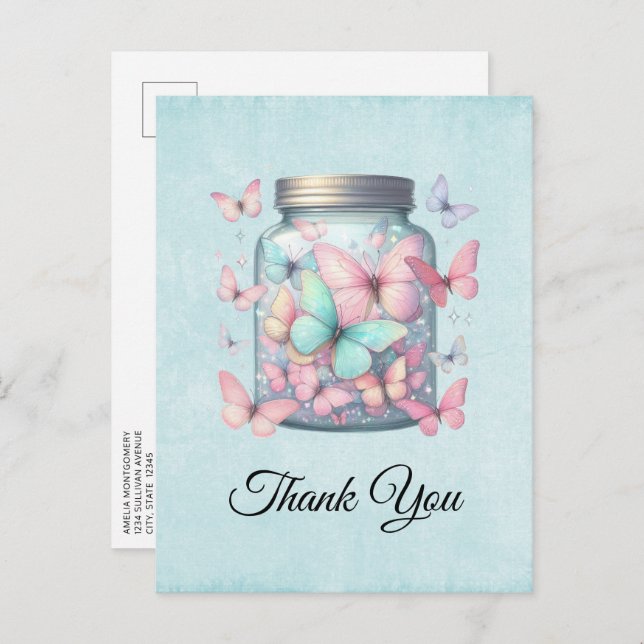 Postal Whimsical Butterflies in a Jar Thank You (Anverso / Reverso)