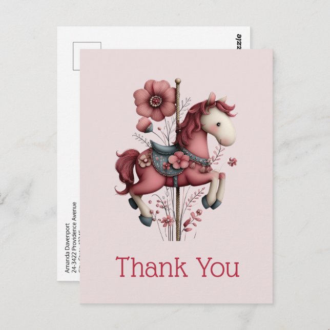 Postal Whimsical Carousel Horse Image Thank You (Anverso / Reverso)