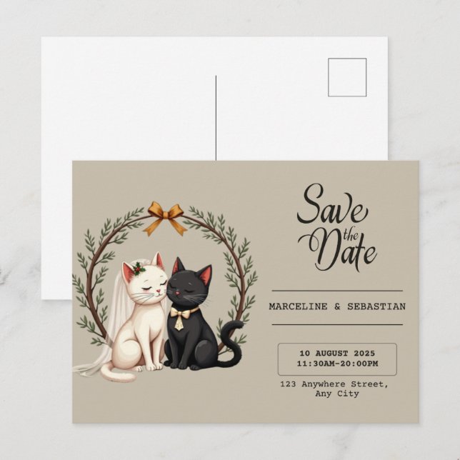 Postal Whimsical Cat Wedding Save the Date  (Anverso / Reverso)