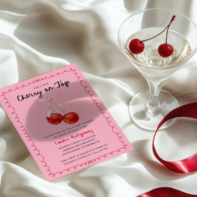 Postal Whimsical Coquette Cherry en Baby Shower superior (Subido por el creador)