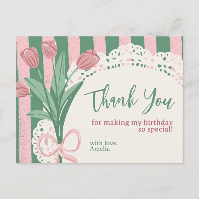 Postal Whimsical Coquette Tulip & Bow Custom Thank You (Anverso)