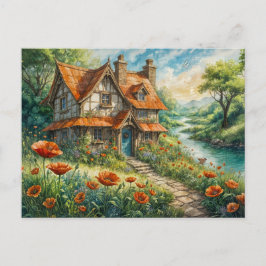 Postal Whimsical Cottage with Poppy Flowers