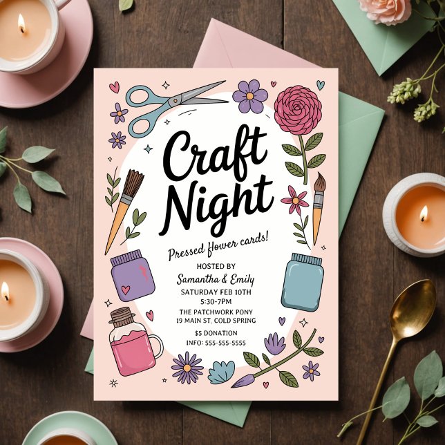 Postal Whimsical Craft Night Fun Scissors Paint Flowers (Charming pastel craft night invitation with whimsical design for a fun, creative gathering.)
