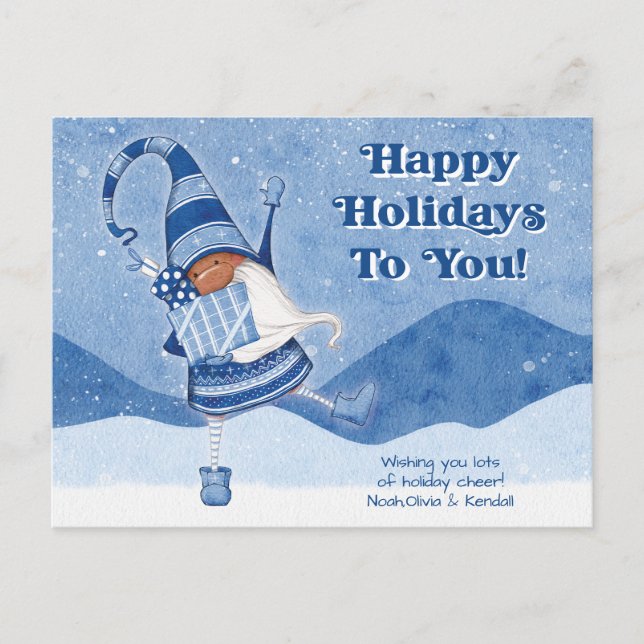 Postal Whimsical Cute Gnome Felices Fiestas (Anverso)