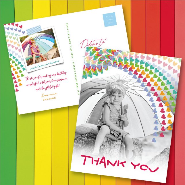 Postal Whimsical Cute Rainbow Hearts Kids Foto Gracias (Subido por el creador)