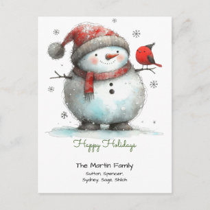 Postal Whimsical Cute Snowman y Red Bird Felices Fiestas