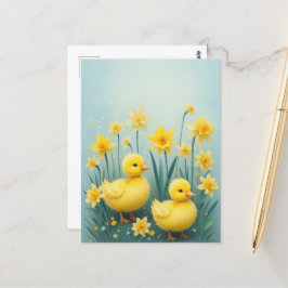 Postal Whimsical Duckling Duo con Daffodis