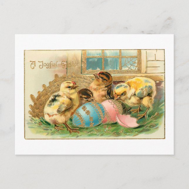 Postal Whimsical Easter Chicks con detalles de oro de Fau (Anverso)