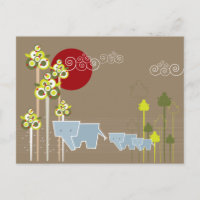 Whimsical Elephant Family In The Forest & Red Sun