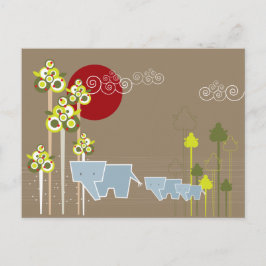 Postal Whimsical Elephant Family In The Forest & Red Sun
