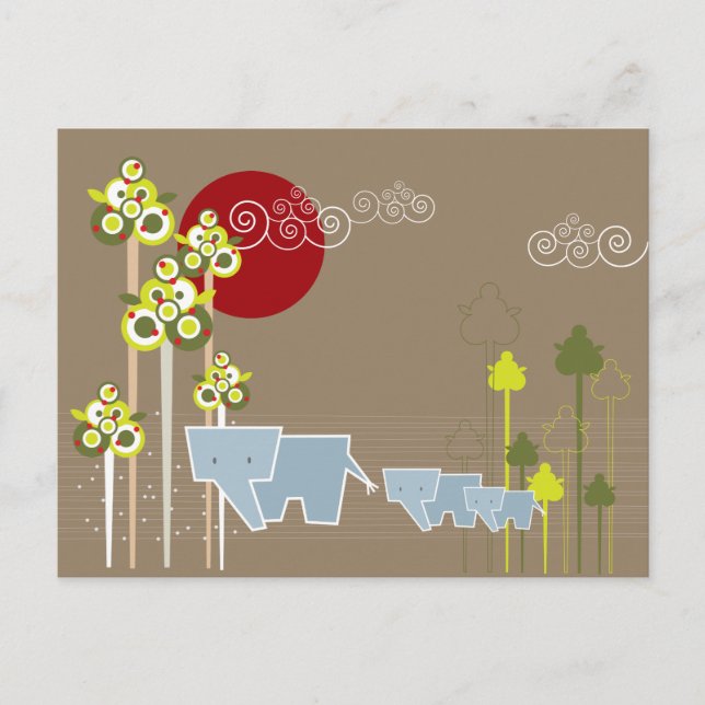 Postal Whimsical Elephant Family In The Forest & Red Sun (Anverso)