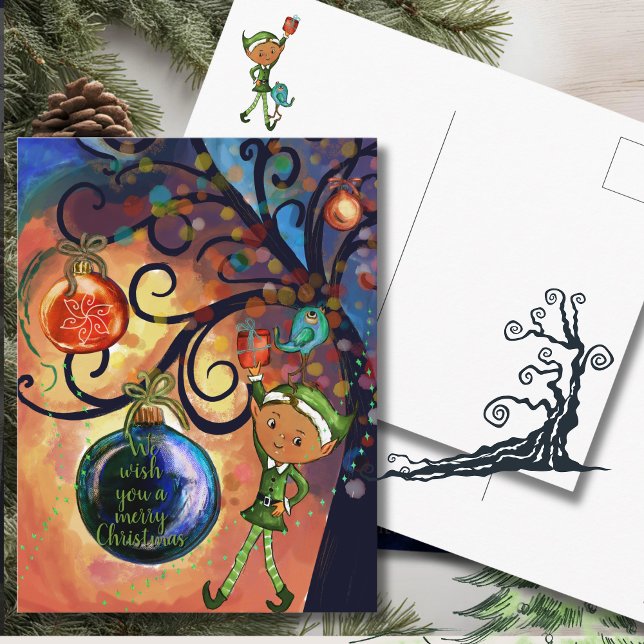 Postal Whimsical Elf with Bird under a Tree Christmas  (Whimsical Elf with Bird under a Tree Christmas Postcard)