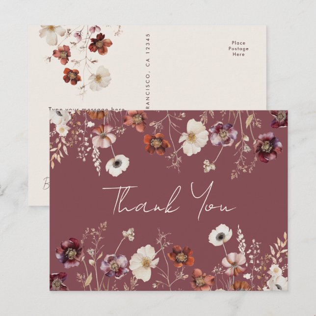Postal Whimsical Fall Dried Floral Boda Gracias (Anverso / Reverso)