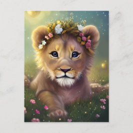 Postal Whimsical Fantasy Cute Kawaii bebé cachorro de leó