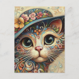 Postal Whimsical Floral Resumen Gato Kitty con Gorra