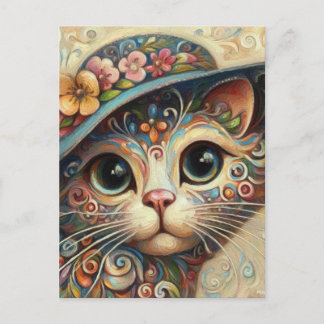 Postal Whimsical Floral Resumen Gato Kitty con Gorra