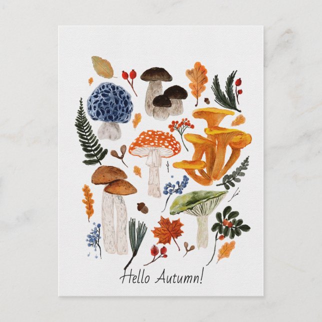 Postal Whimsical Forest Mushrooms Watercolor ilustracion (Anverso)