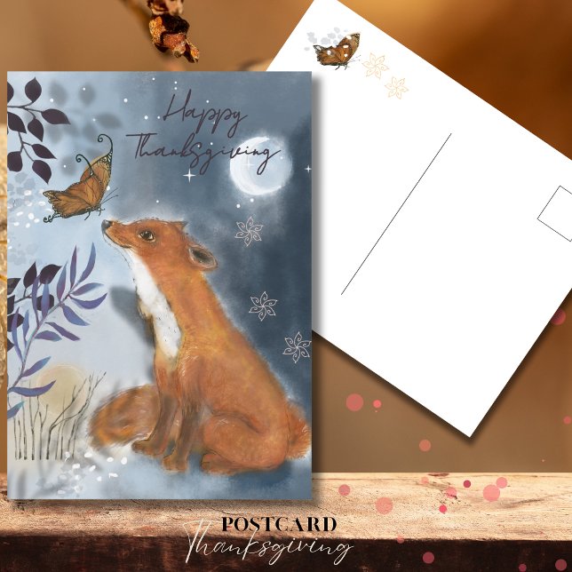 Postal Whimsical Fox y Butterfly Mystical Thankending (Whimsical Fox & Butterfly Mystical Thanksgiving Postcard)