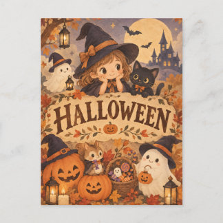 Postal Whimsical Halloween Witch & Friends Post Card