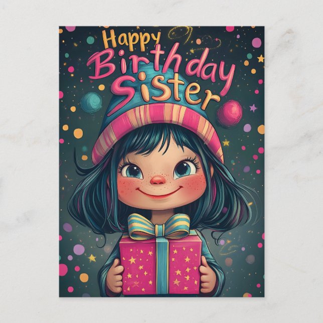 Postal Whimsical Happy Birthday Sister Ilustracion (Anverso)