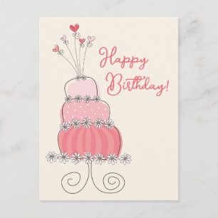 Postal Whimsical Hearts Pink Birthday Cake Gracias