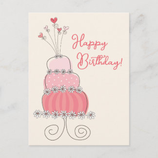 Postal Whimsical Hearts Pink Birthday Cake Gracias