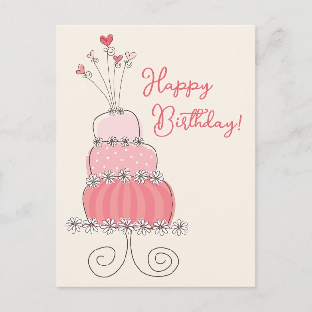 Postal Whimsical Hearts Pink Birthday Cake Gracias (Anverso)