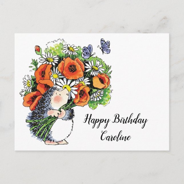 Postal Whimsical Hedgehog and Poppies Birday Postcard (Anverso)
