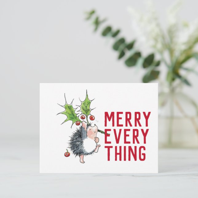 Postal Whimsical Hedgehog Merry Everything Navidades (Anverso de pie)