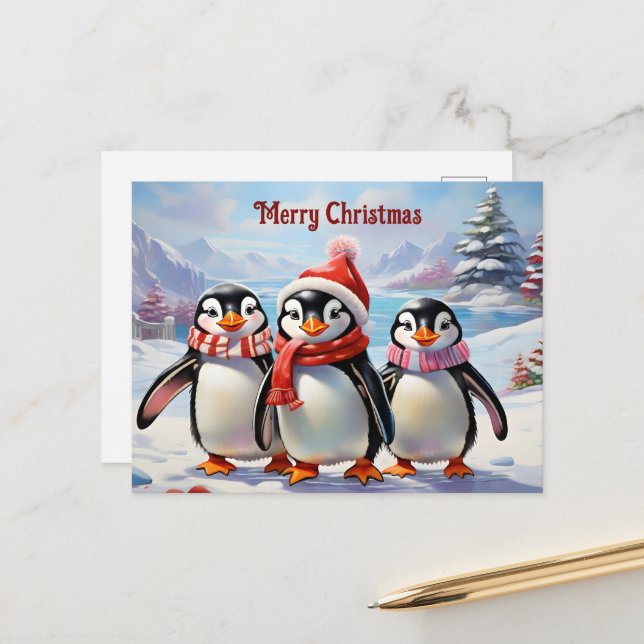 Postal Whimsical Holiday Penguin Trio (Anverso/Reverso In Situ)