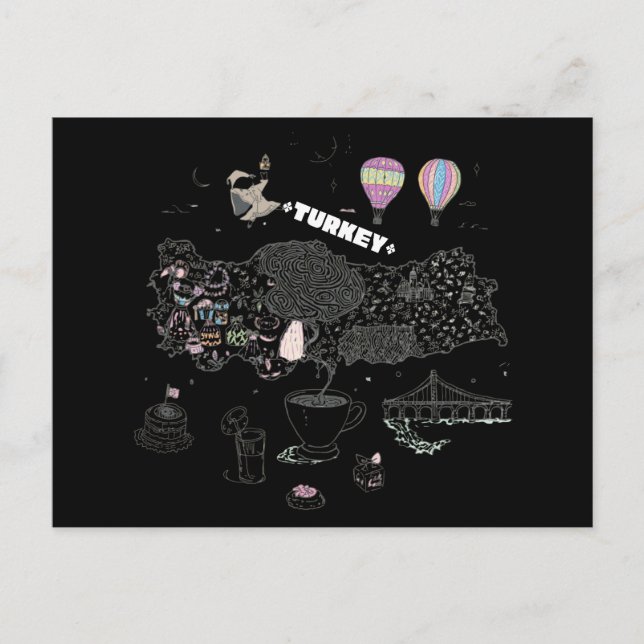 Postal Whimsical Illustrated Map of Turkey Travel (Anverso)