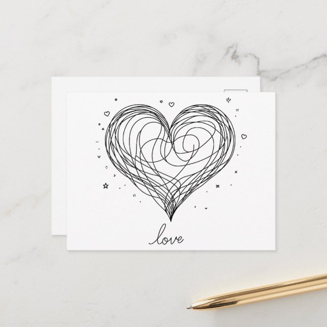 Postal Whimsical Line Art Heart with "Love" (Anverso/Reverso In Situ)