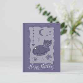 Postal Whimsical Night Cat Folk Art Birthday Postcard