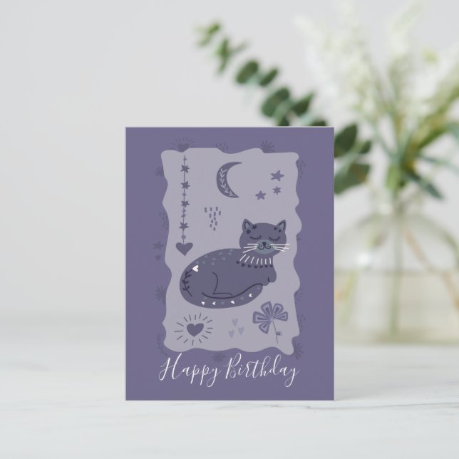 Postal Whimsical Night Cat Folk Art Birthday Postcard (Anverso de pie)