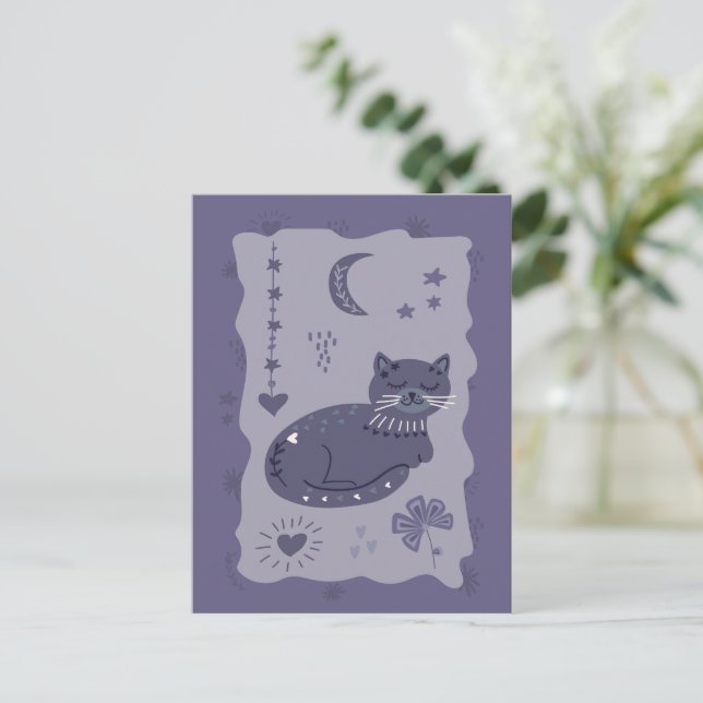 Postal Whimsical Night Cat Folk Art Postcard (Anverso de pie)