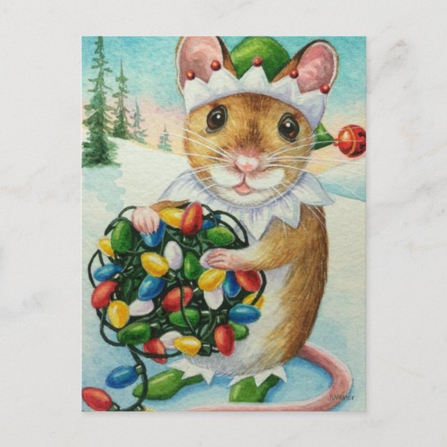 Postal Whimsical North Pole Elf Mouse Watercolor Art (Anverso)