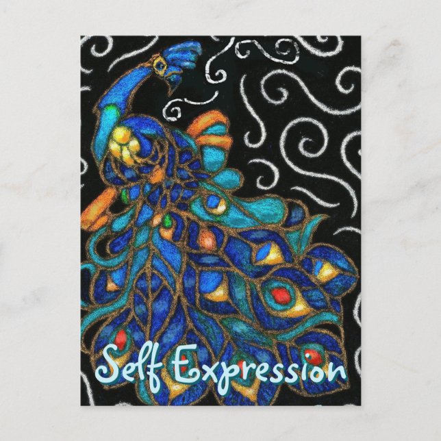 Postal Whimsical Peacock Chalk Pastel Bird Personalizado (Anverso)