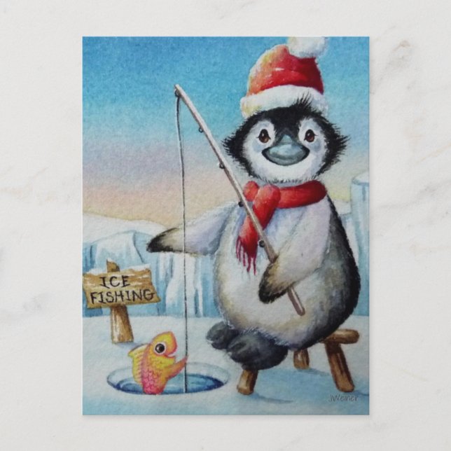 Postal Whimsical Penguin Ice Fishing Watercolor Art (Anverso)