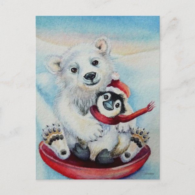 Postal Whimsical Penguin & Polar Bear Watercolor Art (Anverso)
