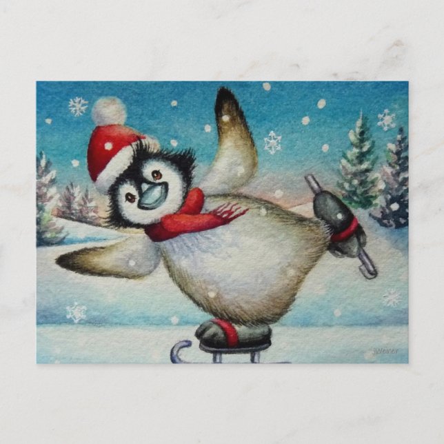 Postal Whimsical Pingüino Hielo Patinaje acuático Arte (Anverso)