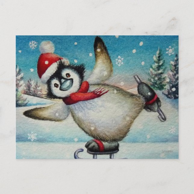 Postal Whimsical Pingüino Hielo Patinaje acuático Arte (Anverso)
