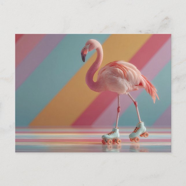 Postal Whimsical Pink Flamingo on Roller Skates (Anverso)