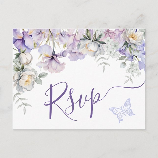 Postal Whimsical Purple Floral Romántica Wedding RSVP (Anverso)