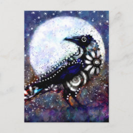 Postal Whimsical Raven Moon Floral Azul Blanco Negro