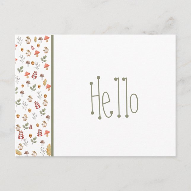 Postal Whimsical Red Green Brown Mushroom y Acorn (Anverso)