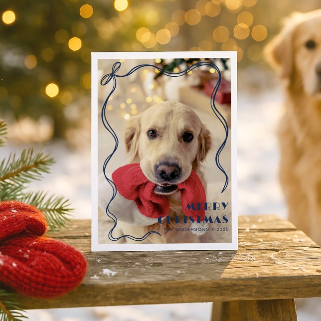 Postal Whimsical Red Ribbon Mascota Foto Feliz Navidad (Subido por el creador)
