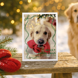 Postal Whimsical Red Ribbon Mascota Foto Feliz Navidad
